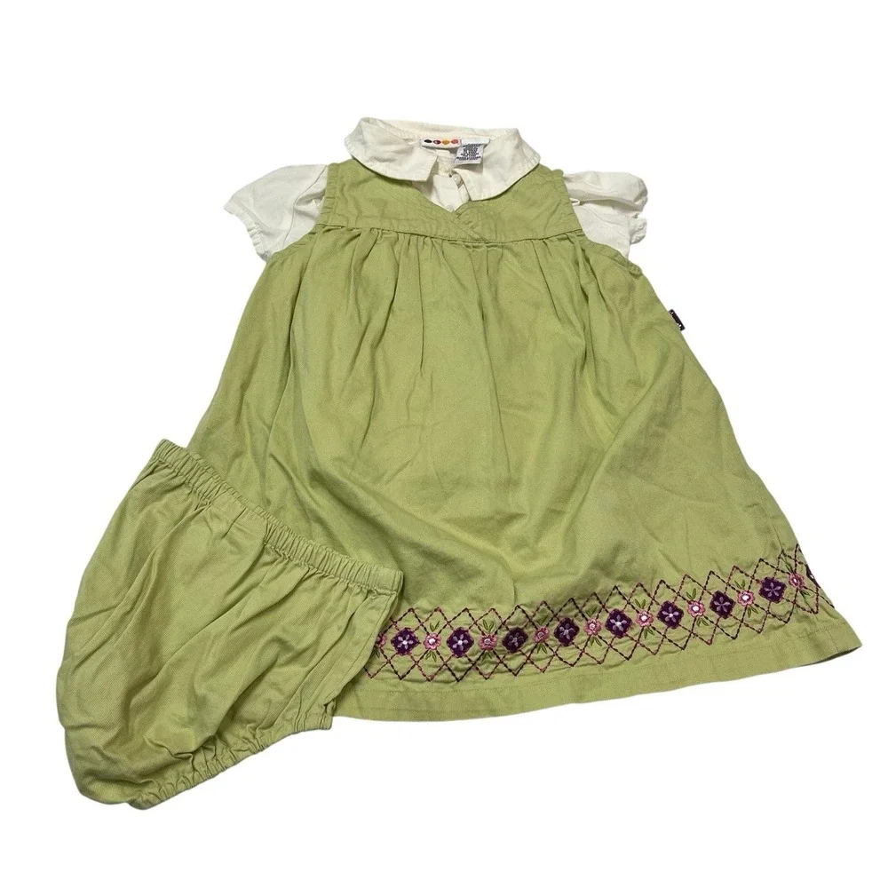 Vintage Gymboree Jumper Dress Green Codury Floral Emboridered S 3Y 3PC Blouse